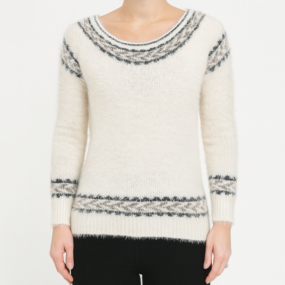 Molly Bracken Black White Tan Fuzzy‎ Knit Sweater Women's TU Oversized Boho Cozy